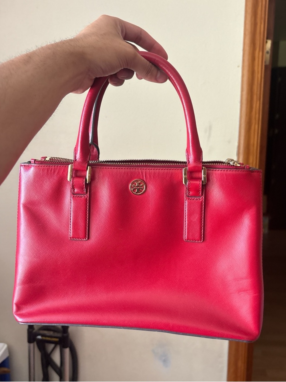 red Tory Burch Robinson Double Zip tote bag.
